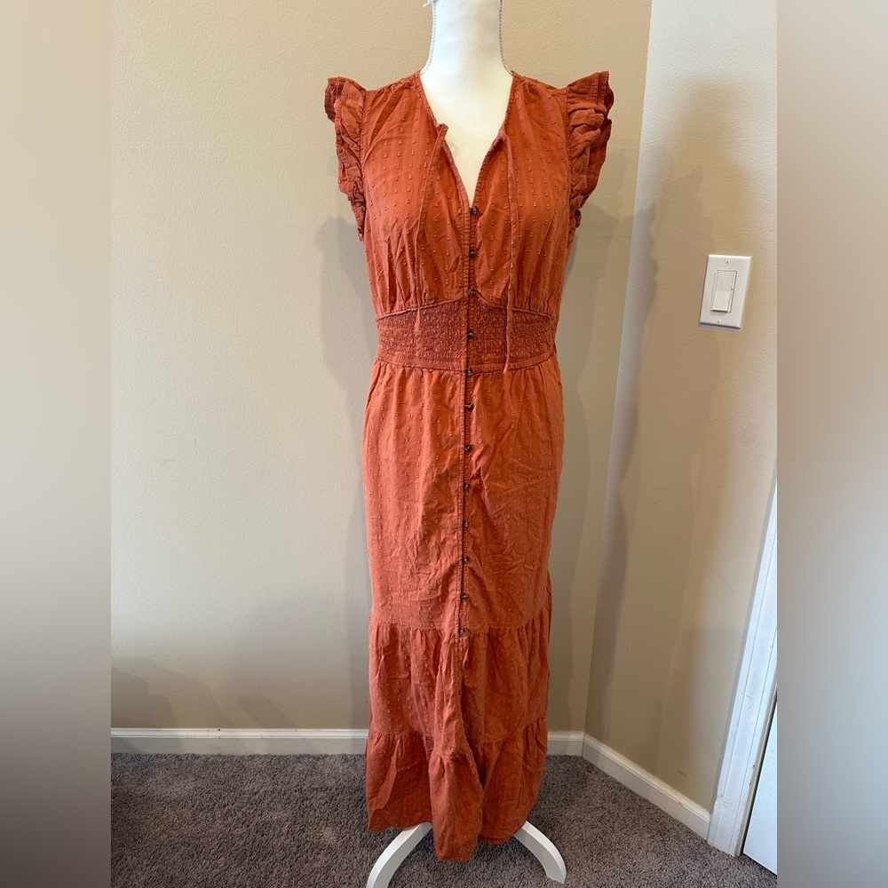 Sonoma Goods For Life Swiss Dot Button Front Maxi Dress Rust Orange Large - Picture 2 of 7